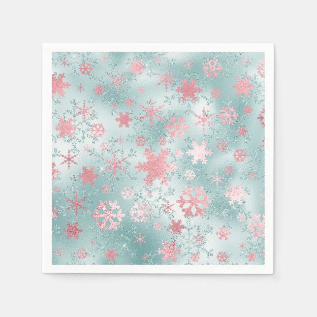 Elegant Blue Pink Christmas Snowflake Pattern Napkin (Front)
