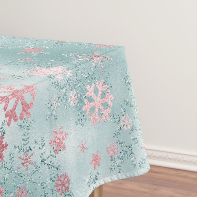 Elegant Blue Pink Christmas Snowflake Pattern Tablecloth (In Situ)