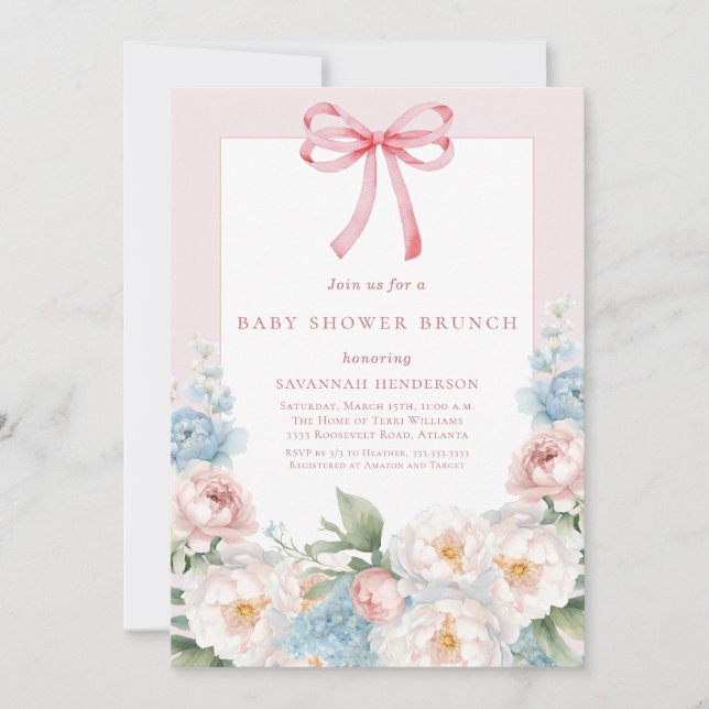 Elegant Blue Pink Floral Bow Baby Shower Brunch Invitation (Front)