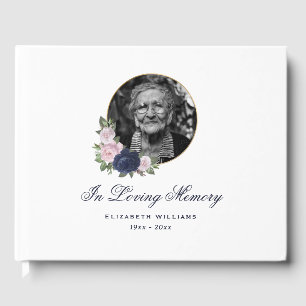 Elegant Blue Pink Floral Funeral Photo Guest Book