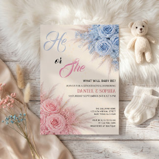 Elegant Blue Pink Floral Gender Reveal Party Invitation