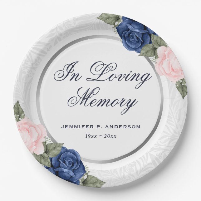 Elegant Blue Pink Floral Memorial Funeral Paper Plate (Front)