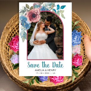 Elegant Blue & Pink Floral QR code Photo Wedding  Save The Date