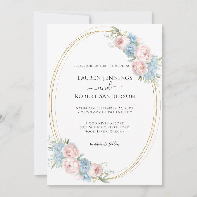 Elegant Blue Pink Floral Wedding Invitation (Front)