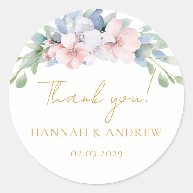 Elegant Blue Pink Flowers Wedding Classic Round Sticker (Front)