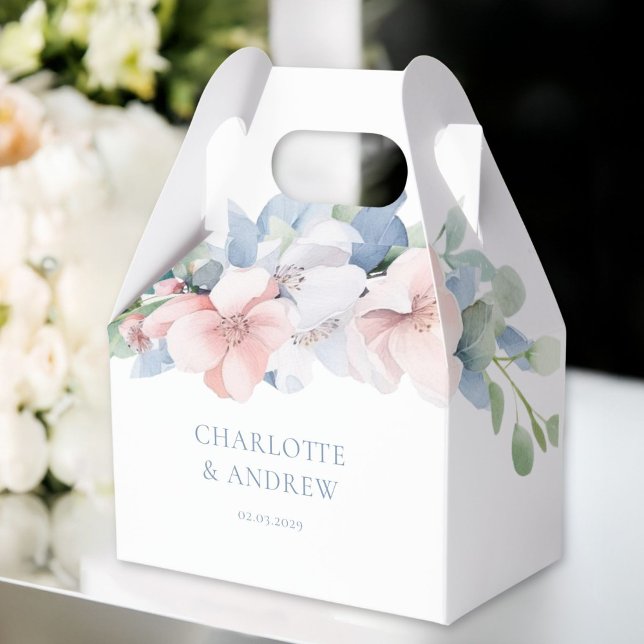 Elegant Blue Pink Flowers Wedding Favour Box (Elegant Blue Pink Flowers THANK YOU! Wedding Favor Boxes with your name and date.)