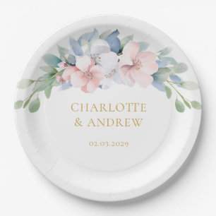 Elegant Blue Pink Flowers Wedding Paper Plate