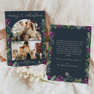 Elegant Blue Pink Foliage 2 Photo Christmas Card