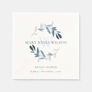 ELEGANT BLUE PINK FOLIAGE WREATH BRIDAL SHOWER NAPKIN