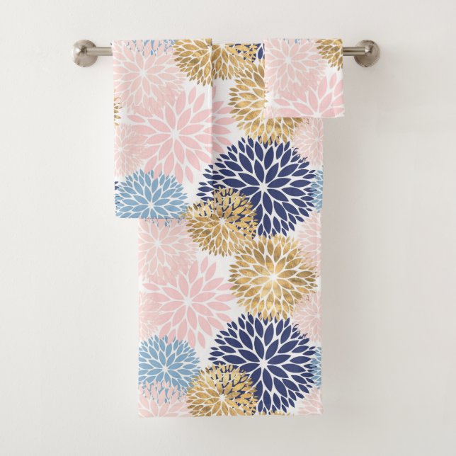 Elegant Blue Pink Gold Dahlia Floral Bath Towel Set (Insitu)