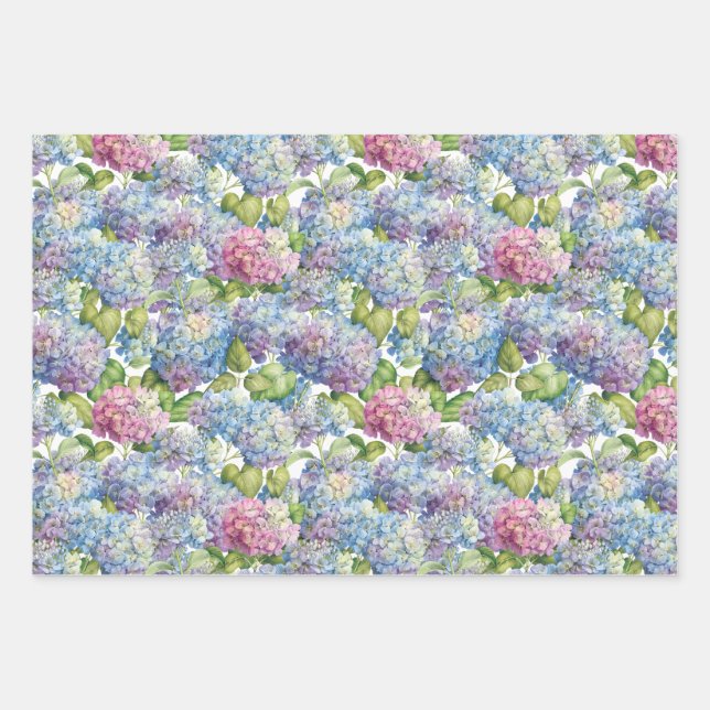 Elegant Blue Pink Hydrangea Floral Pattern Wrapping Paper Sheet (Front)