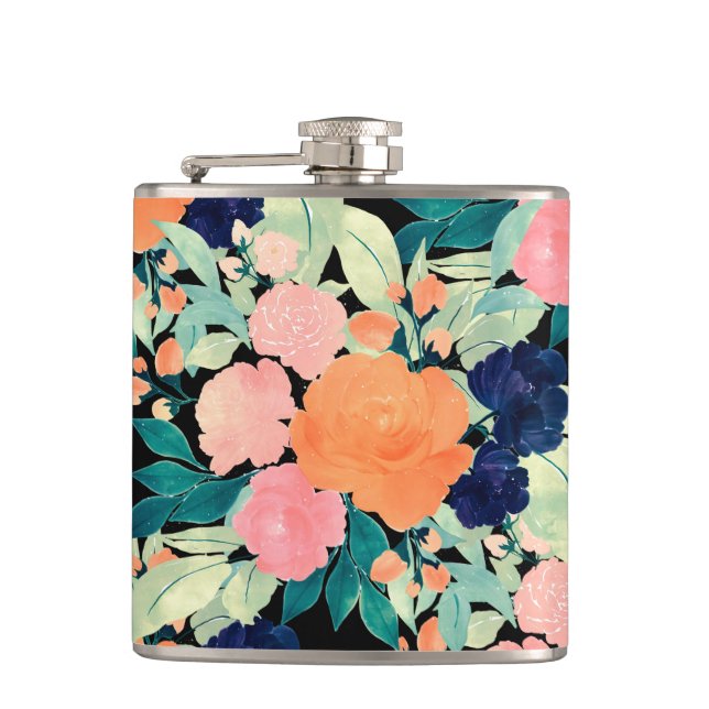 Elegant Blue Pink Orange Flowers Black Floral Hip Flask (Front)