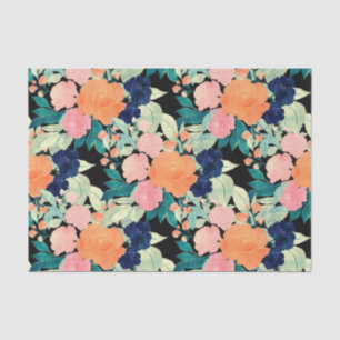 Elegant Blue Pink Orange Flowers Black Floral Tissue Paper