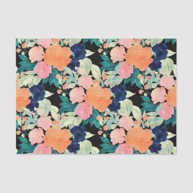 Elegant Blue Pink Orange Flowers Black Floral Tissue Paper (Front)