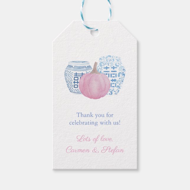 Elegant Blue & Pink Pumpkin Chinoiserie Favour Tag (Front)