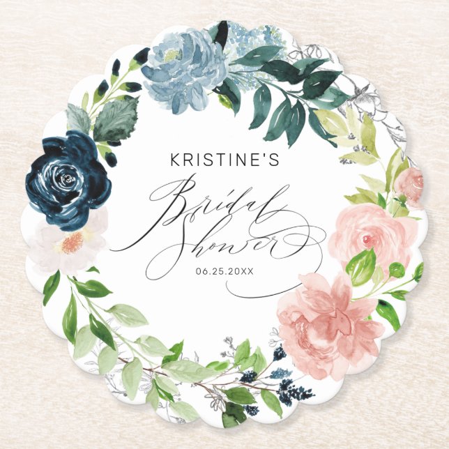 Elegant Blue Pink Rose Floral Wreath Bridal Shower Paper Coaster (Front)