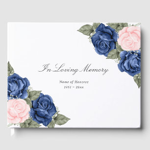 Elegant Blue Pink Roses Floral Funeral Guest Book