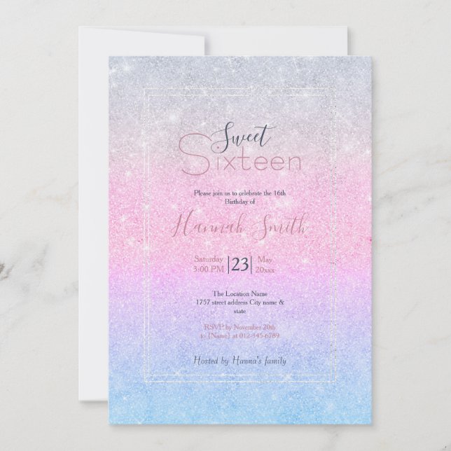 Elegant Blue Pink Silver Glitter Design Invitation (Front)
