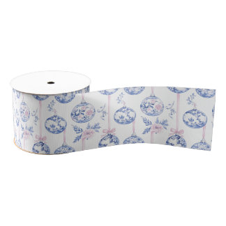 Elegant Blue & Pink Toile Christmas Ornaments Wrap Grosgrain Ribbon