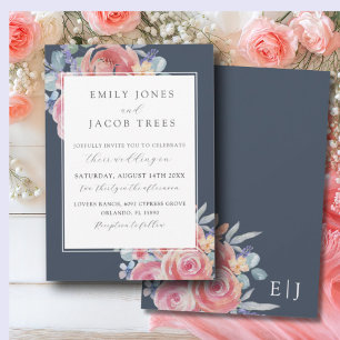 Elegant Blue & Pink Watercolor Rose Wedding Invitation