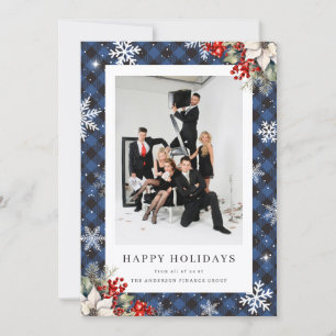 Elegant Blue Plaid Botanical Photo Business Holiday Card