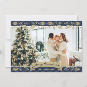 Elegant Blue Plaid Botanical Photo Merry Christmas Holiday Card