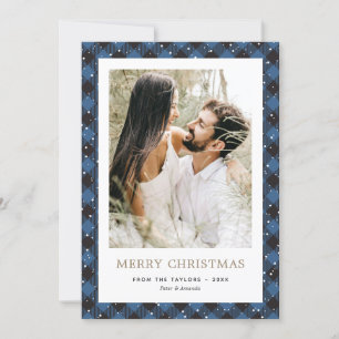 Elegant Blue Plaid Gold Snow Photo Christmas Holiday Card