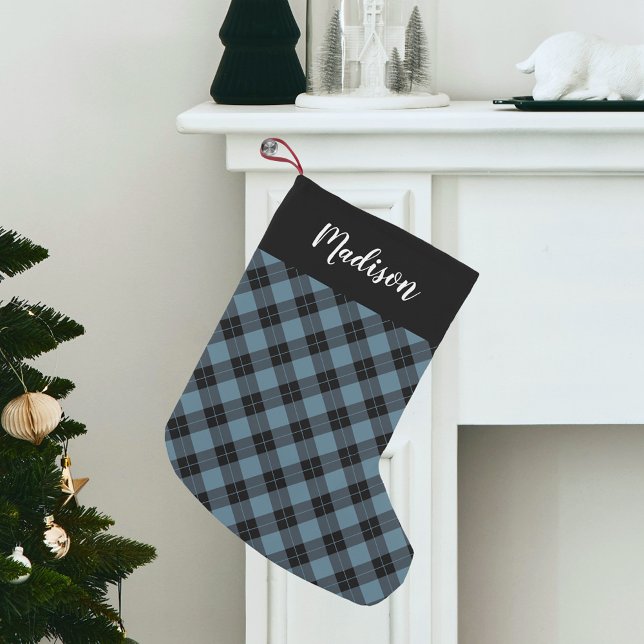 Elegant Blue Plaid Personalised Small Christmas Stocking (Creator Uploaded)