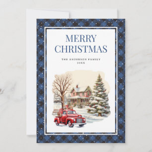 Elegant Blue Plaid Red Truck Merry Christmas Card