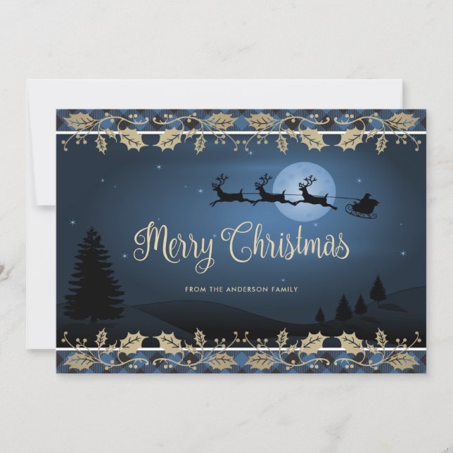 Elegant Blue Plaid Reindeer Santa Merry Christmas Holiday Card (Front)