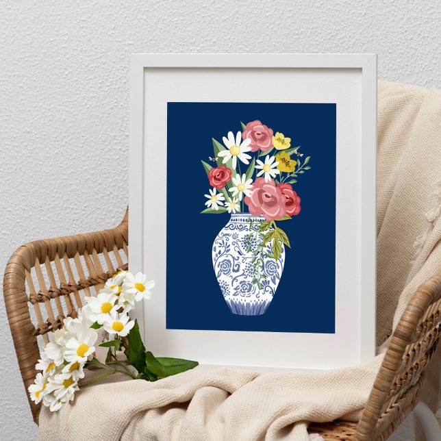 Elegant Blue Pottery Vase And Blooming Flowers Poster (Elegant Blue Pottery Vase And Blooming Flowers Poster)