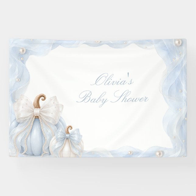 Elegant Blue Pumpkin Bow Baby Shower Backdrop Banner (Horizontal)