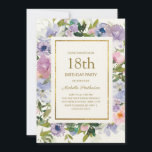 Elegant Blue Purple Floral Gold 18th Birthday Invitation<br><div class="desc">Elegant dusty blue and purple watercolor floral women's 18th birthday party invitation with green leaves and a gold frame.  Text is completely customisable,  so this card can be changed for any age.</div>