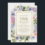 Elegant Blue Purple Floral Gold 18th Birthday Invitation<br><div class="desc">Elegant dusty blue and purple watercolor floral women's 18th birthday party invitation with green leaves and a gold frame.  Text is completely customisable,  so this card can be changed for any age.</div>