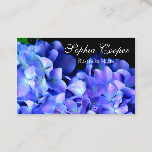 Elegant blue purple floral hydrangeas business card (Front)