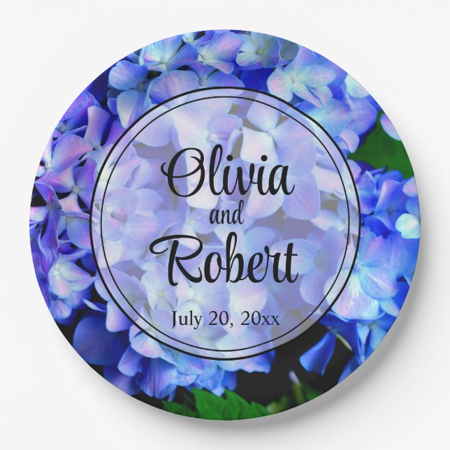 Elegant blue purple floral hydrangeas paper plate (Front)