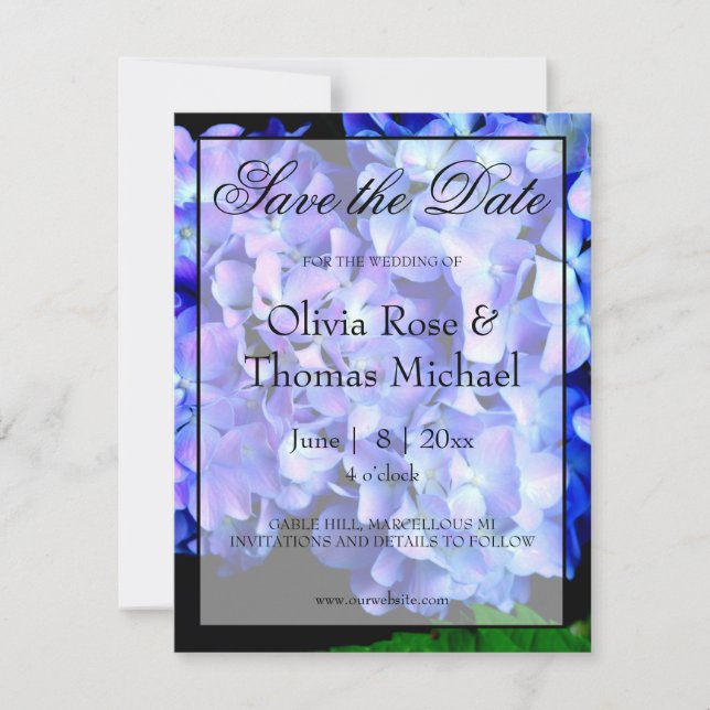 Elegant blue purple floral hydrangeas save the date (Front)