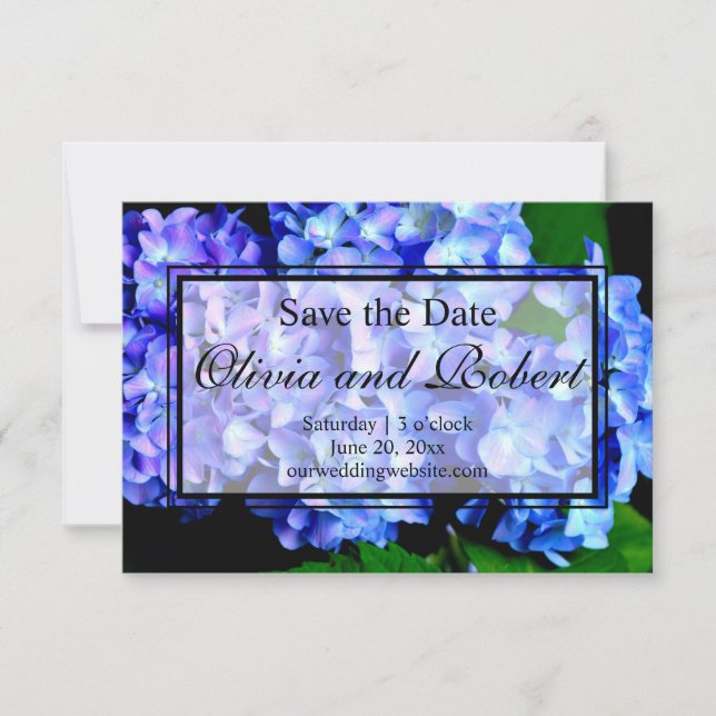 Elegant blue purple floral hydrangeas save the date (Front)