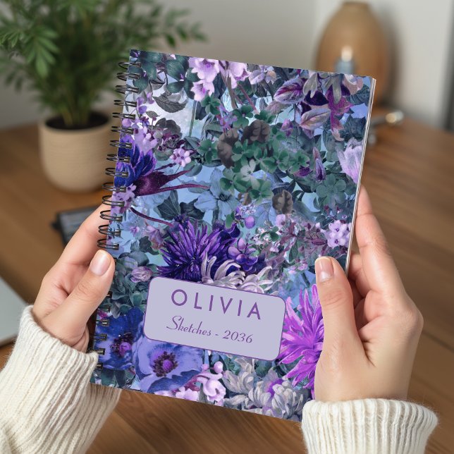 Elegant Blue Purple Floral Monogram Notebook (Creator Uploaded)