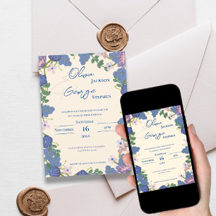 Elegant Blue & Purple Floral Watercolor Wedding Invitation