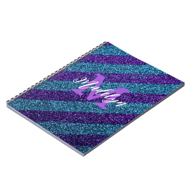 Elegant Blue &Purple Glitter Monogram Name  Notebook (Left Side)
