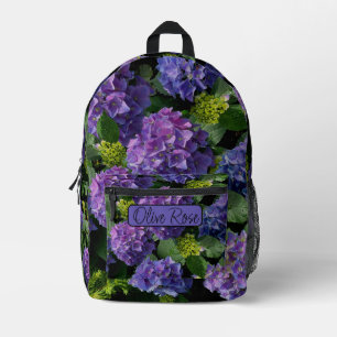 Elegant blue purple hydrangea floral monogram printed backpack