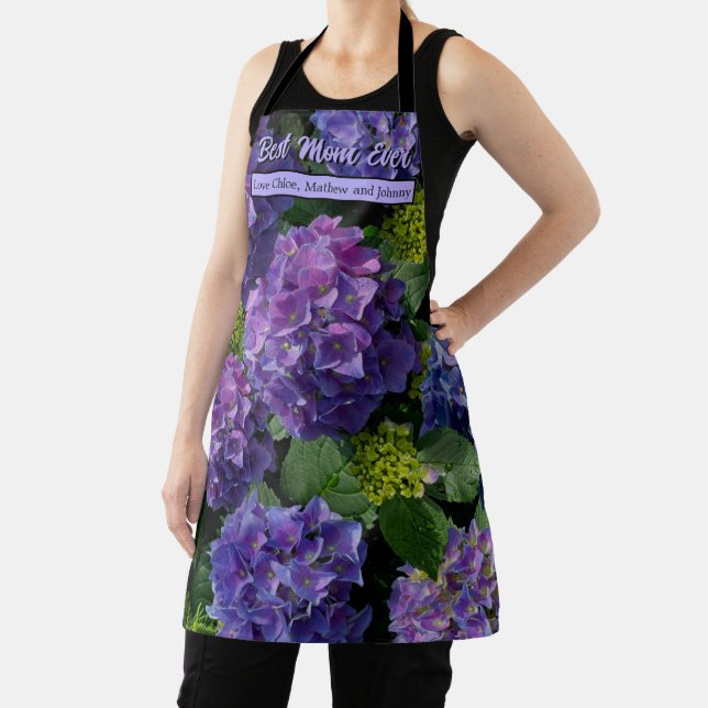 Elegant blue purple magenta green floral hydrangea apron (Insitu)