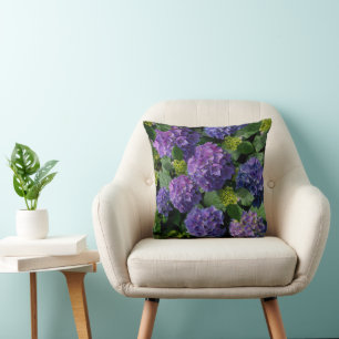 Elegant blue purple magenta green floral hydrangea cushion