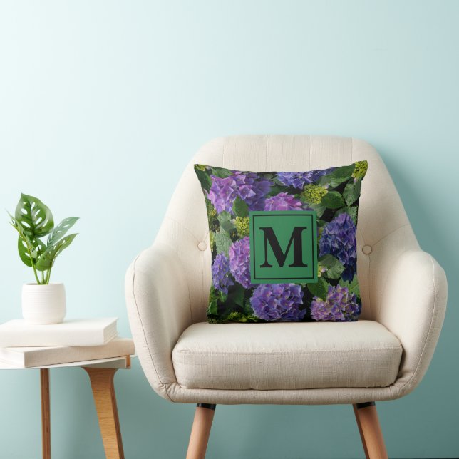 Elegant blue purple magenta green floral hydrangea cushion (Chair)