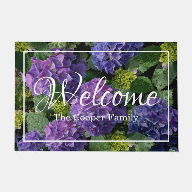 Elegant blue purple magenta green floral hydrangea doormat (Front)