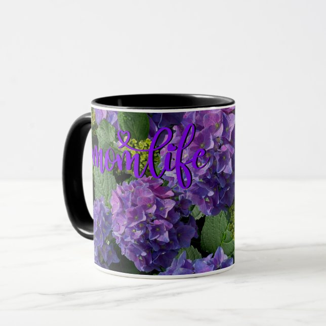 Elegant blue purple magenta green floral hydrangea mug (Front Left)