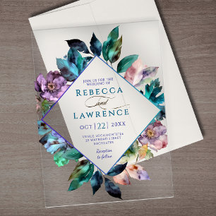 Elegant blue purple moody wedding acrylic invitations