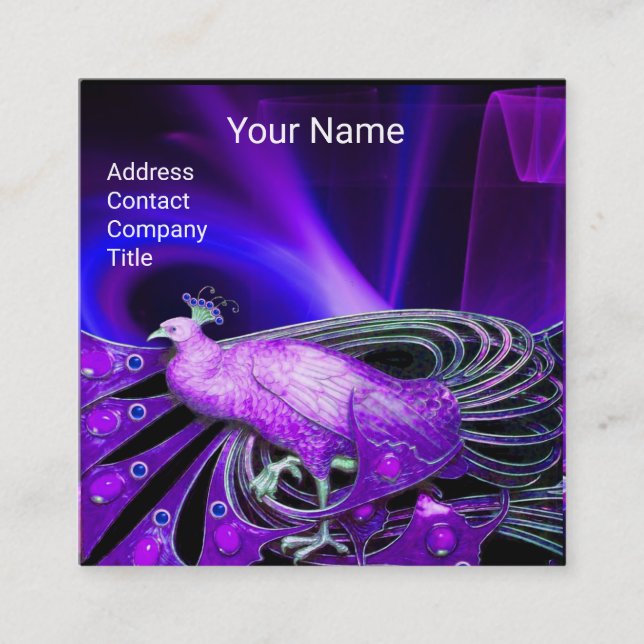 ELEGANT BLUE PURPLE PEACOCK BLACK MONOGRAM SQUARE BUSINESS CARD (Front)