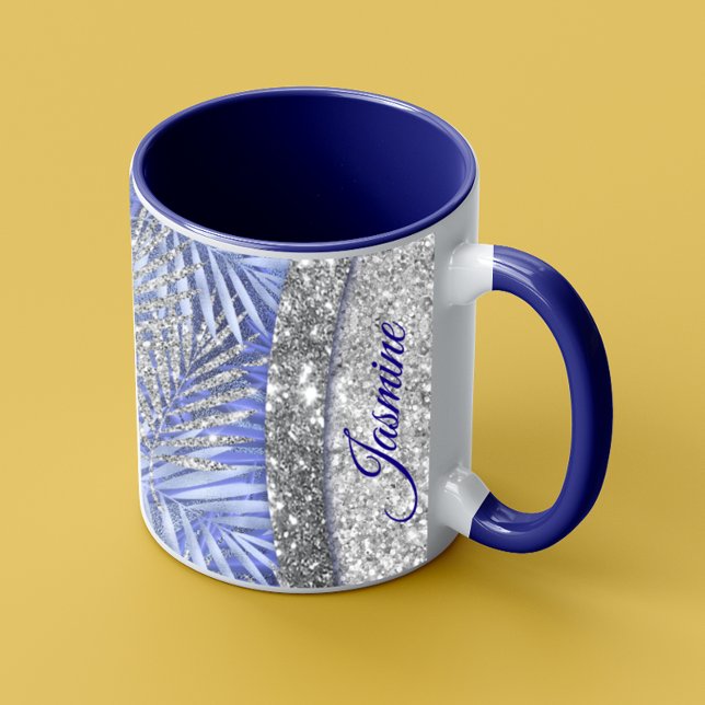Elegant blue purple silver glitter leaves monogram mug (Creator Uploaded)